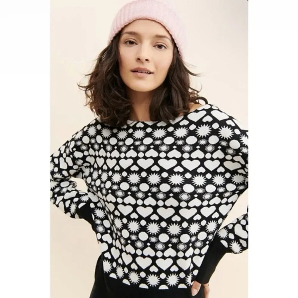 ⭐️ Maeve Anthropologie Sunshine in my Heart Cozy Sweater Black White Sun MEDIUM - Picture 7 of 14